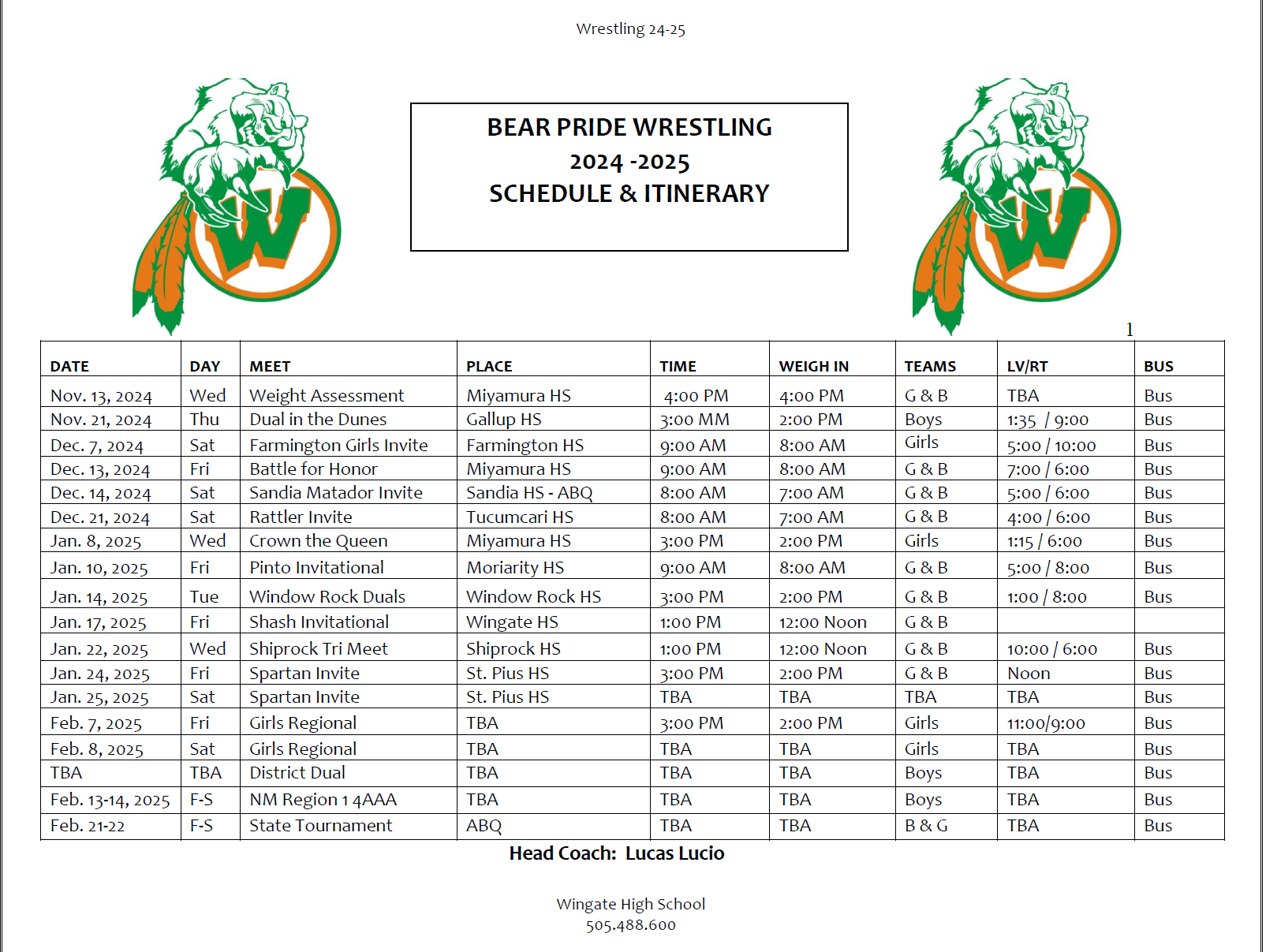 2024-2025 Wrestling Schedule 