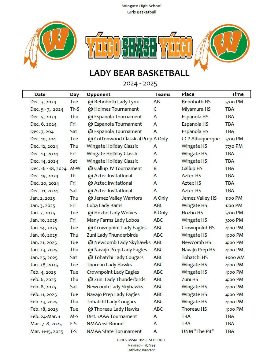 WHS-Girls Basketball Schedule