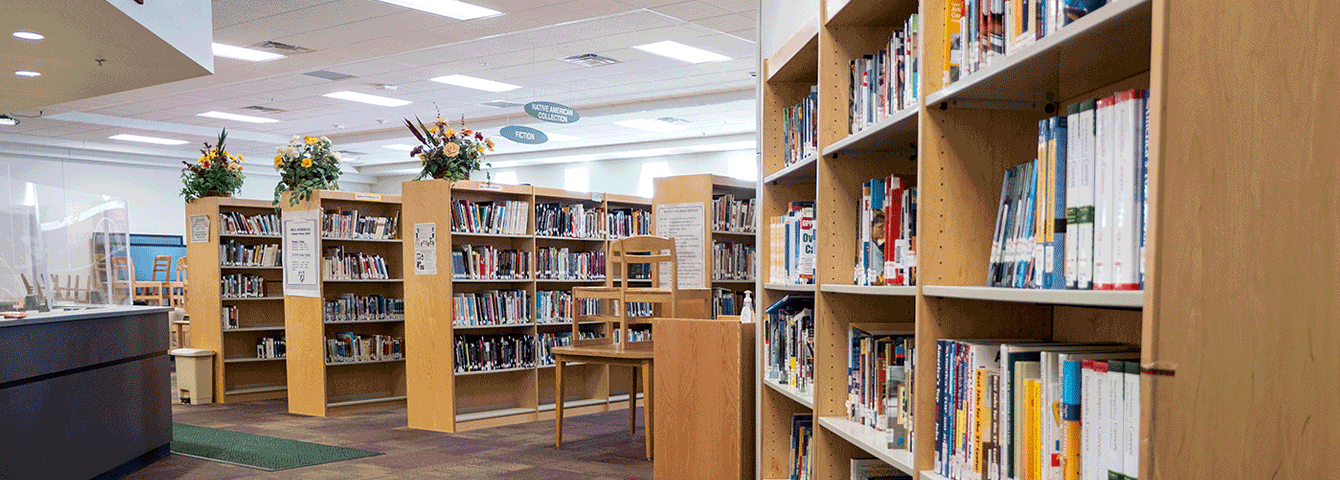 Wingate High School library shelves and checkout desk 