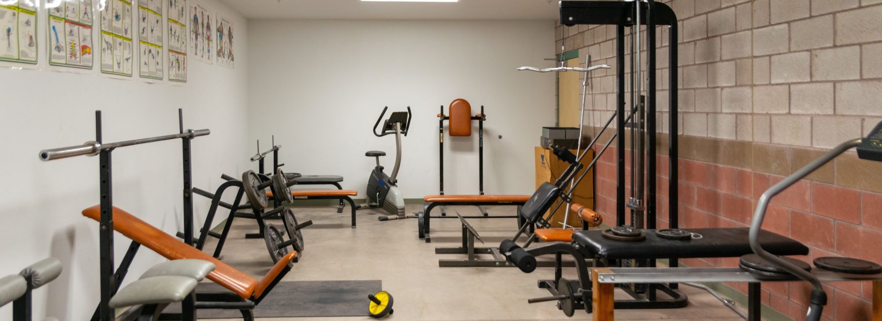 A gym room filled with various exercise equipment lined up in a row, ready for workouts and fitness activities.